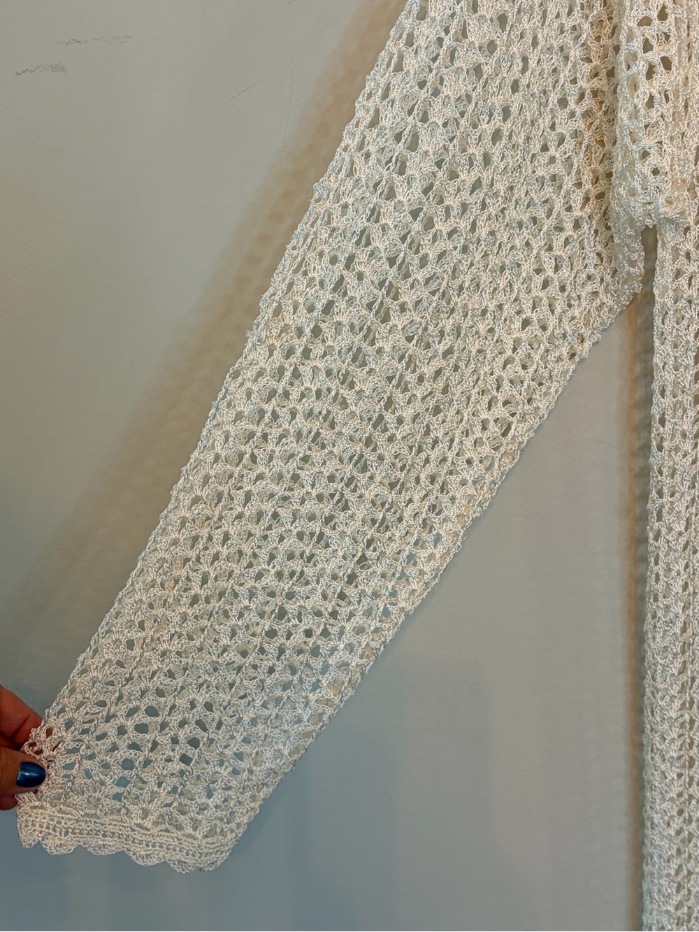 Boho Crochet Duster Cardigan Cream Open Knit Button Front Beachy Resortwear - Picture 5 of 7